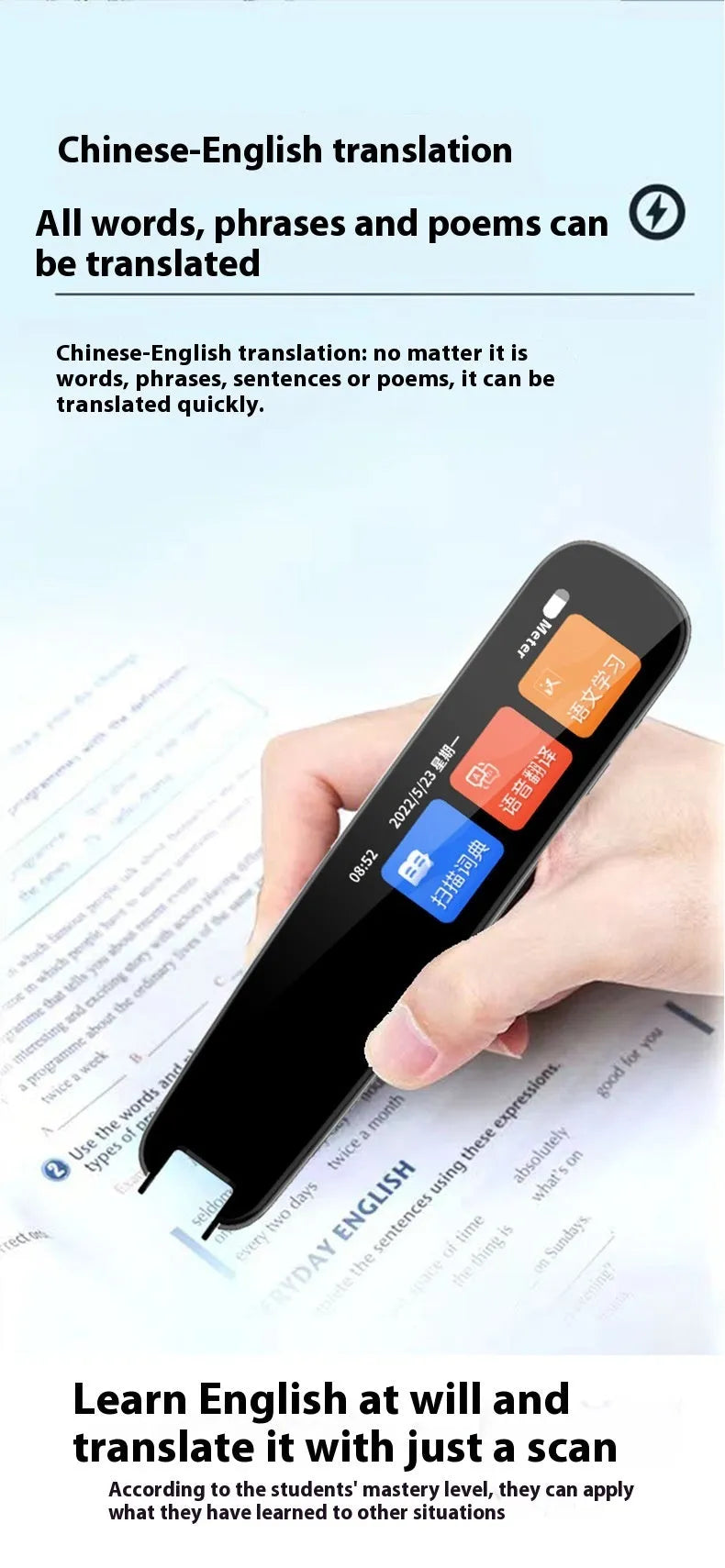 Dark grey offline scan translation pen with a scanning tip on a textbook.