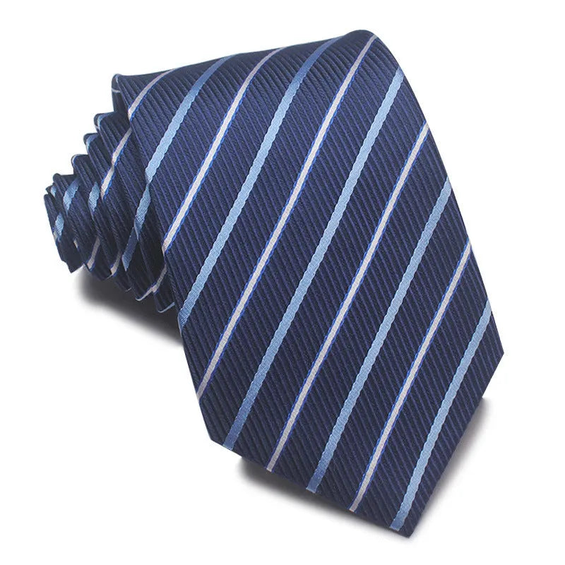 Close-up of a red and black striped men's business tie with a textured Jacquard weave, showing the 8cm width and arrow point shape.