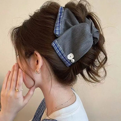 Women's handmade hair clip with denim fabric bow triangle decoration and plastic grip