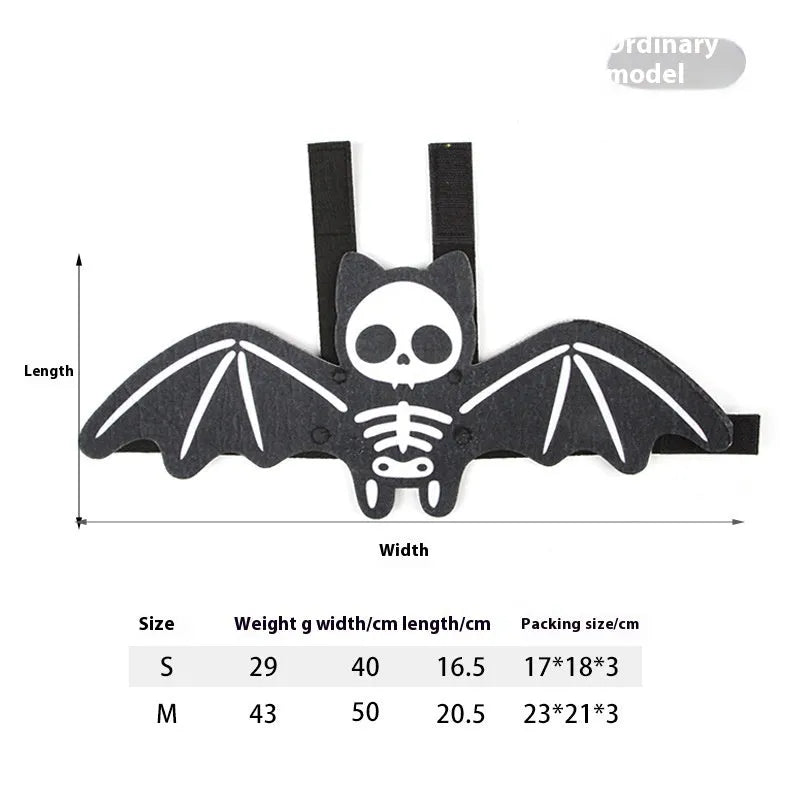 Halloween costume for a cat featuring batwing sleeves, made from felt, in orange pumpkin bat design.
