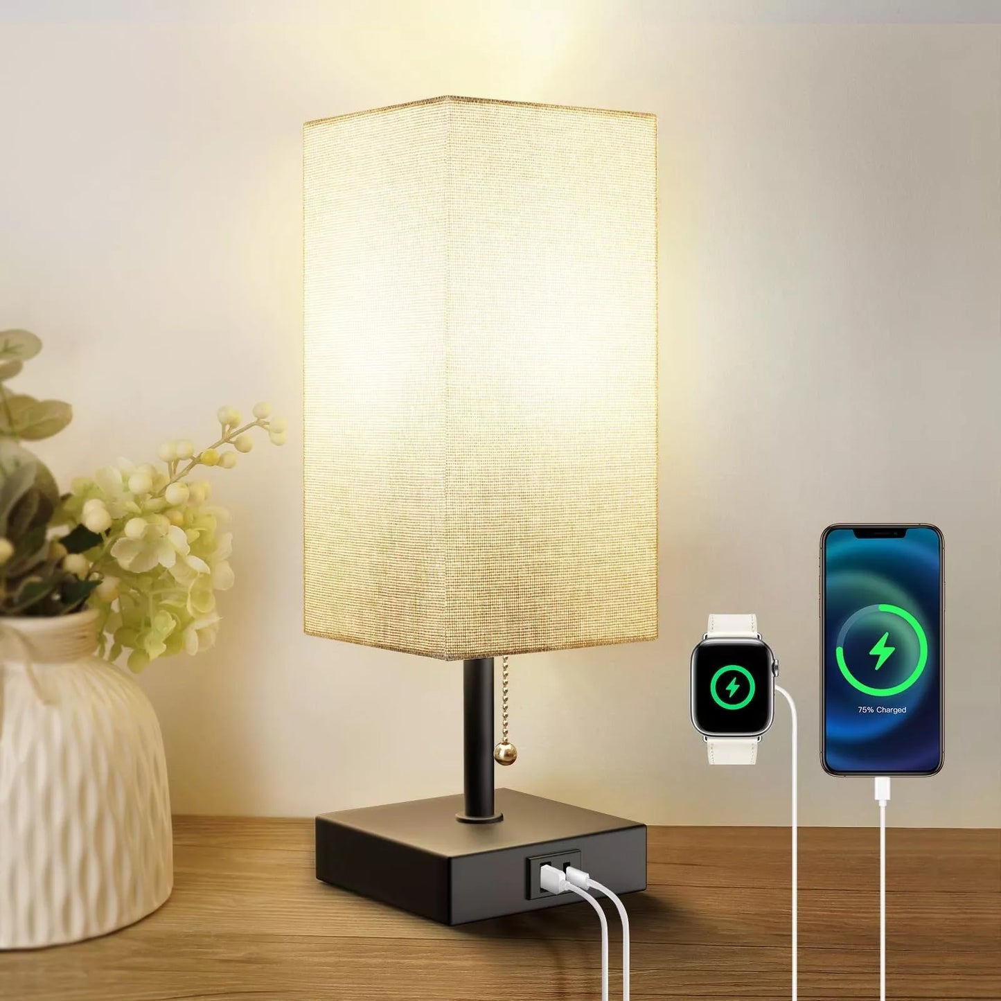 Bedside table lamp with adjustable brightness and USB ports in various colours