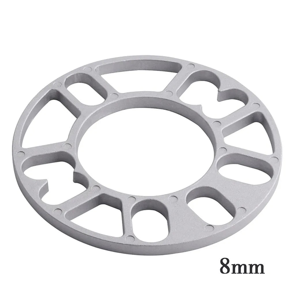 A metal hub widening gasket or spacer for car wheels, shown with thickness options of 3mm, 5mm, 8mm, and 10mm.