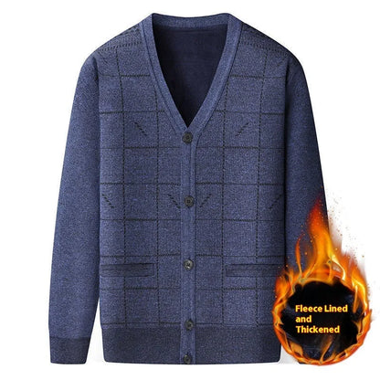 Men's dark grey batwing sleeve cardigan with wool lining shown on a hanger
