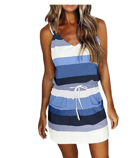 Cotton stripe drawstring summer dress for women in various colours