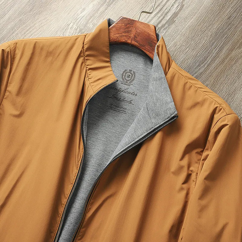 Men's stand collar casual jacket in polyester fibre with cotton lining, shown in available colours