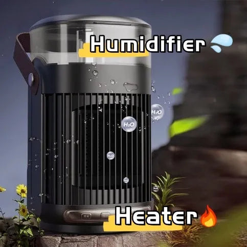 Black portable heater with humidifier measuring 24x13x13cm with front control panel and shaking head mechanism