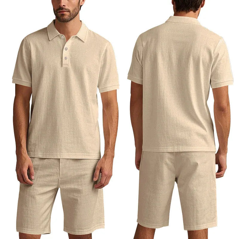 Men's light blue linen-blend short sleeve shirt and matching shorts casual summer suit set