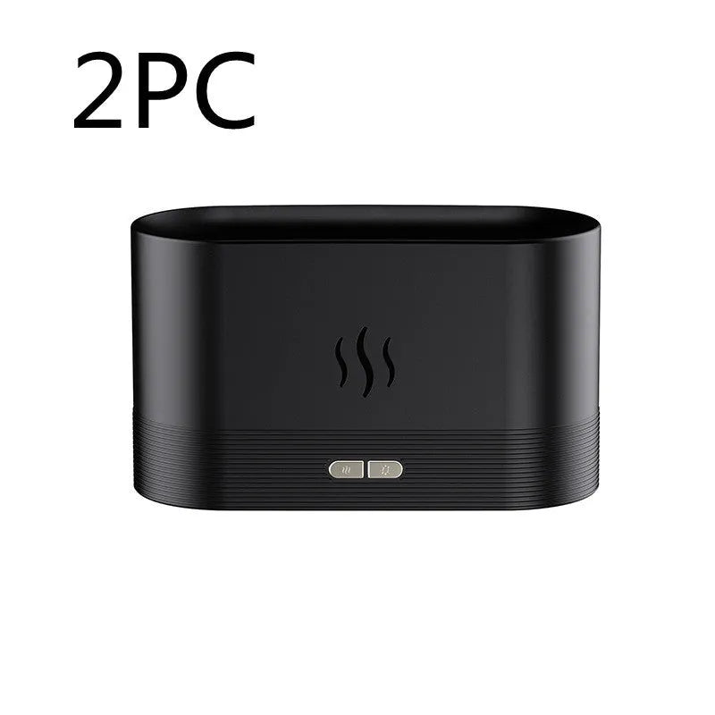 Black square ultrasonic aroma diffuser with flame light effect and mist output.