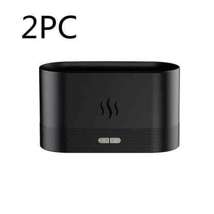 Black square ultrasonic aroma diffuser with flame light effect and mist output.