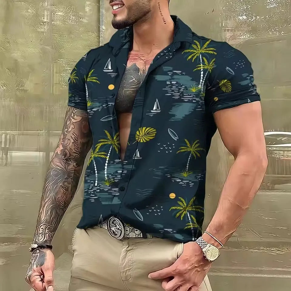 Men's loose fit short sleeve shirt with a colourful floral pattern, cardigan style.