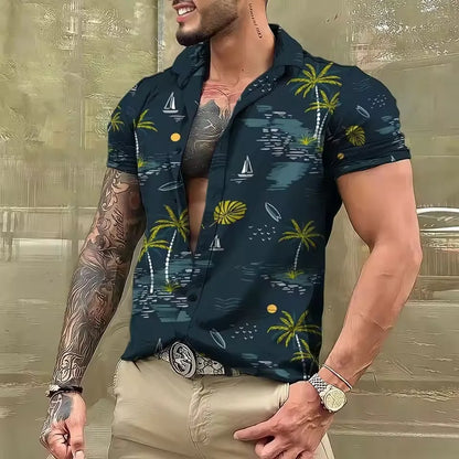 Men's loose fit short sleeve shirt with a colourful floral pattern, cardigan style.