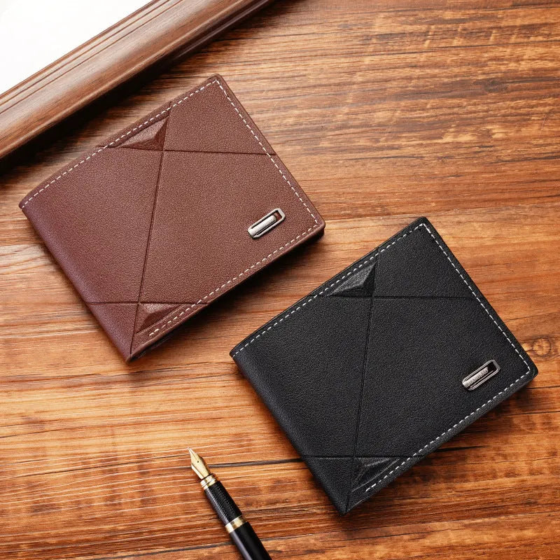 Men's three-fold PU leather wallet with multiple card slots in black, brown and dark coffee colours