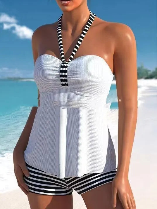 Women's black and white striped off-shoulder swimsuit with briefs style bottoms