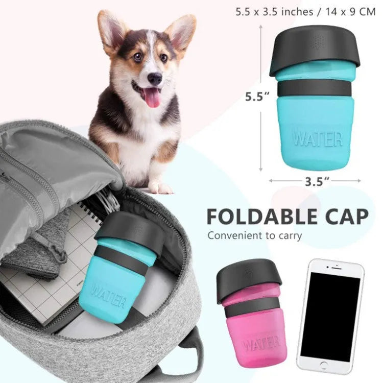 Blue portable dog water bottle with 520ml capacity and integrated sink base.