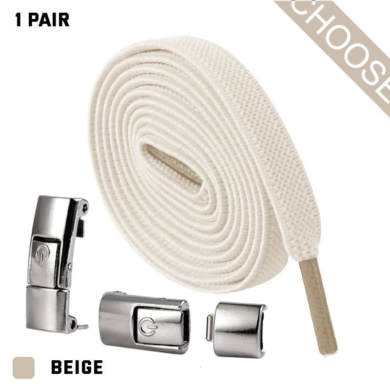 Press lock elastic shoelace with 8mm widened flat profile in assorted colours.