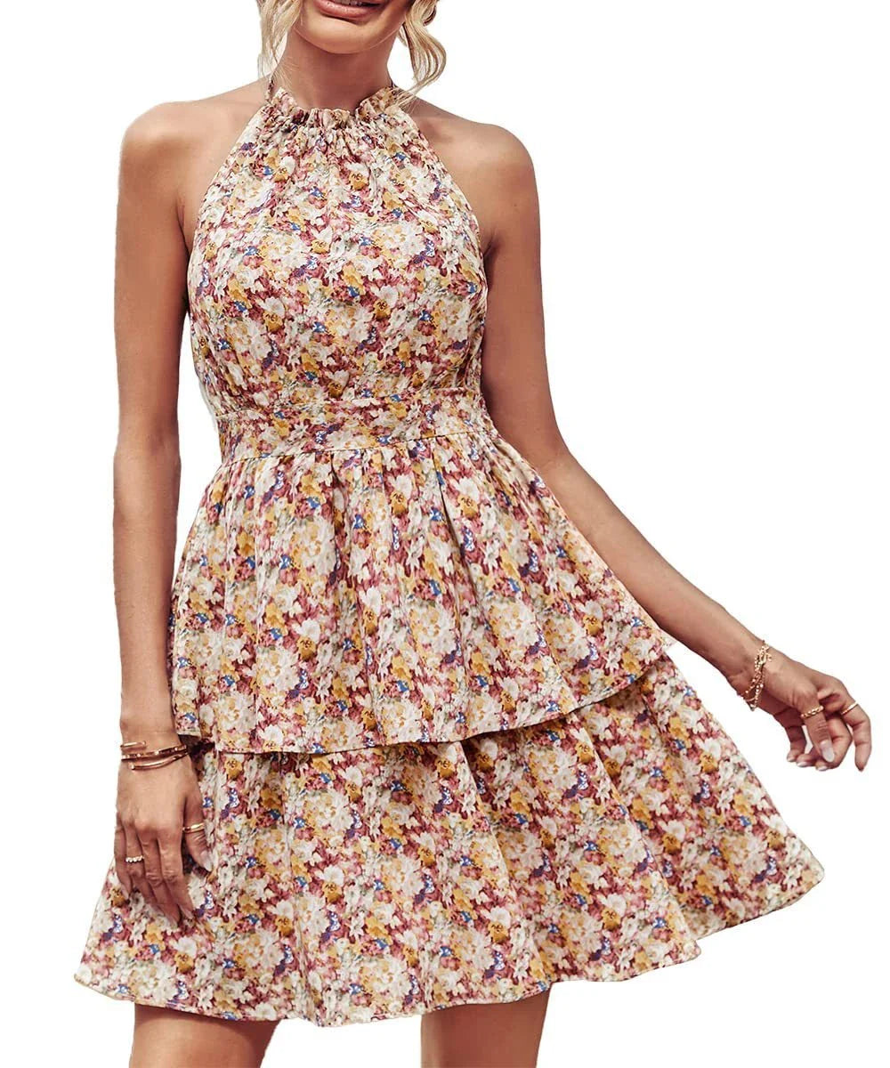 Chic backless halter dress with ruffled A-line skirt in various vibrant colors