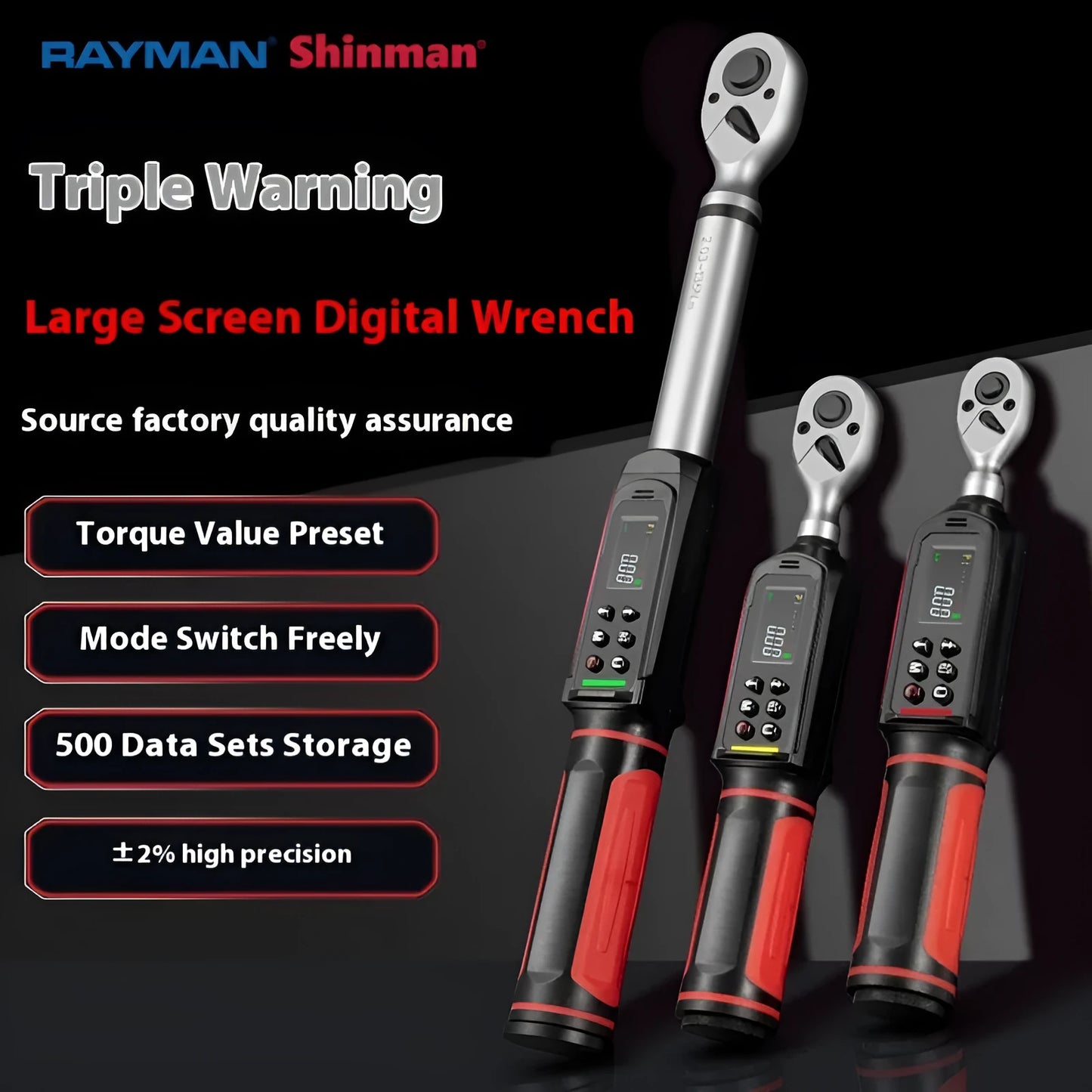 Electronic digital display torque wrench showing Nm readout on LCD screen, with chrome-vanadium steel shaft and handle.