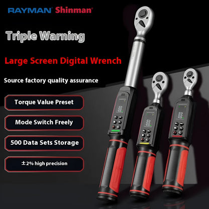 Electronic digital display torque wrench showing Nm readout on LCD screen, with chrome-vanadium steel shaft and handle.
