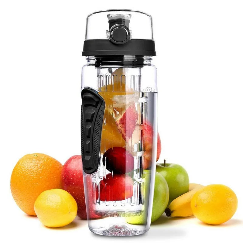 32oz clear Tritan plastic fruit infuser water bottle with a separate fruit cup and leakproof lid.