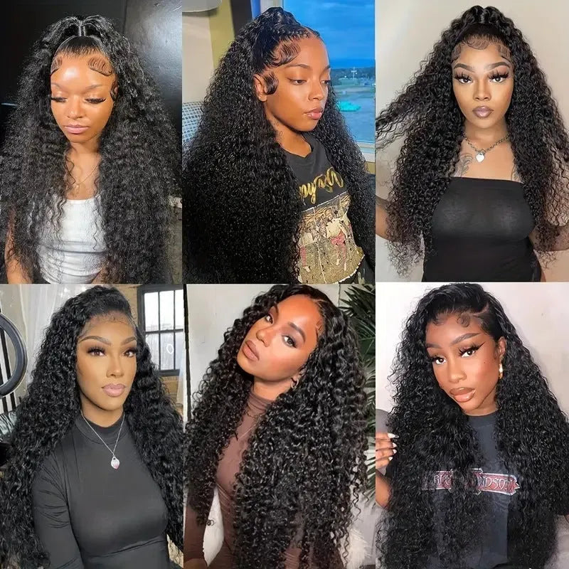 Front lace wig with small curly synthetic hair in a long length and dark colour, showing side bangs.