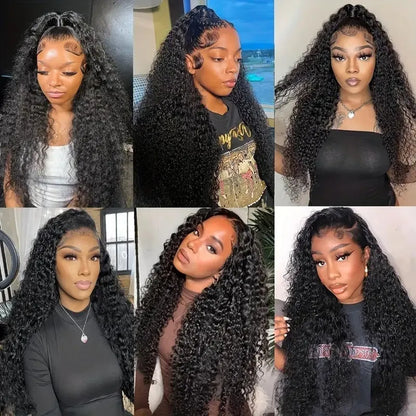Front lace wig with small curly synthetic hair in a long length and dark colour, showing side bangs.