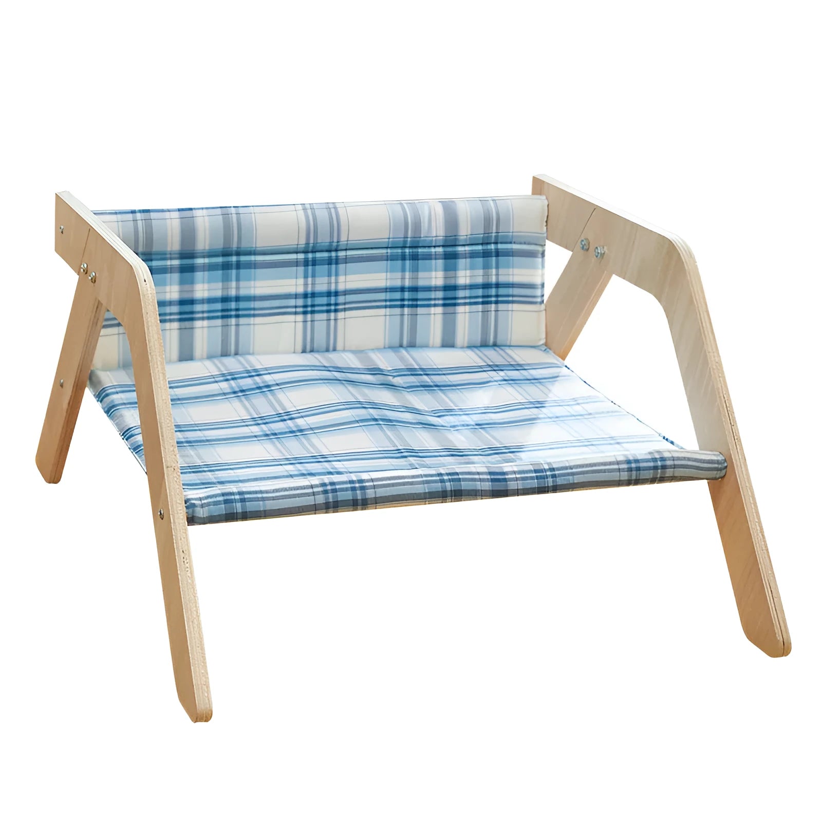Elevated wooden cat beach chair bed with cloth lounging surface in blue or green.