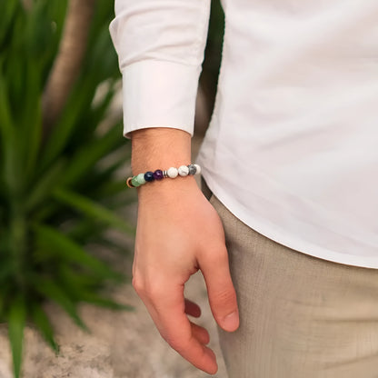 Women's flat knot braided healing bracelet hand-woven with natural gemstone beads in geometric pattern