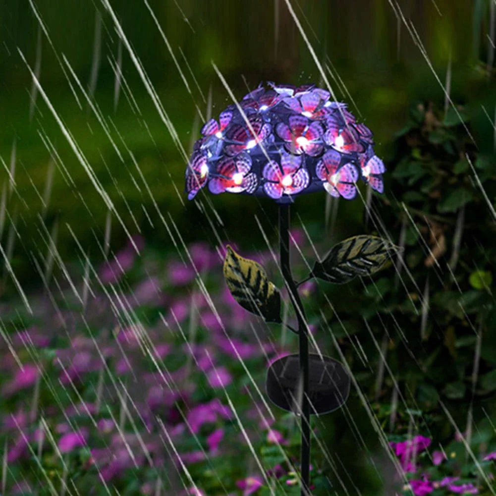 Solar-powered hydrangea garden lights in various colors placed outdoors to provide ambient lighting