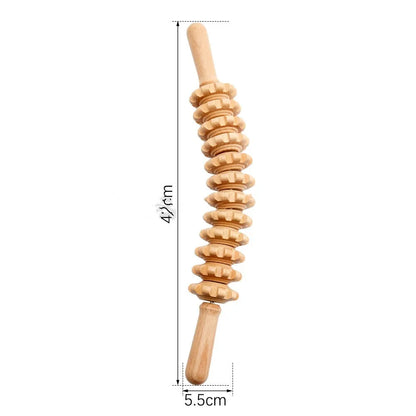 Wooden massage roller set with beechwood T-shaped roller, straight, curved and round massagers on a table.