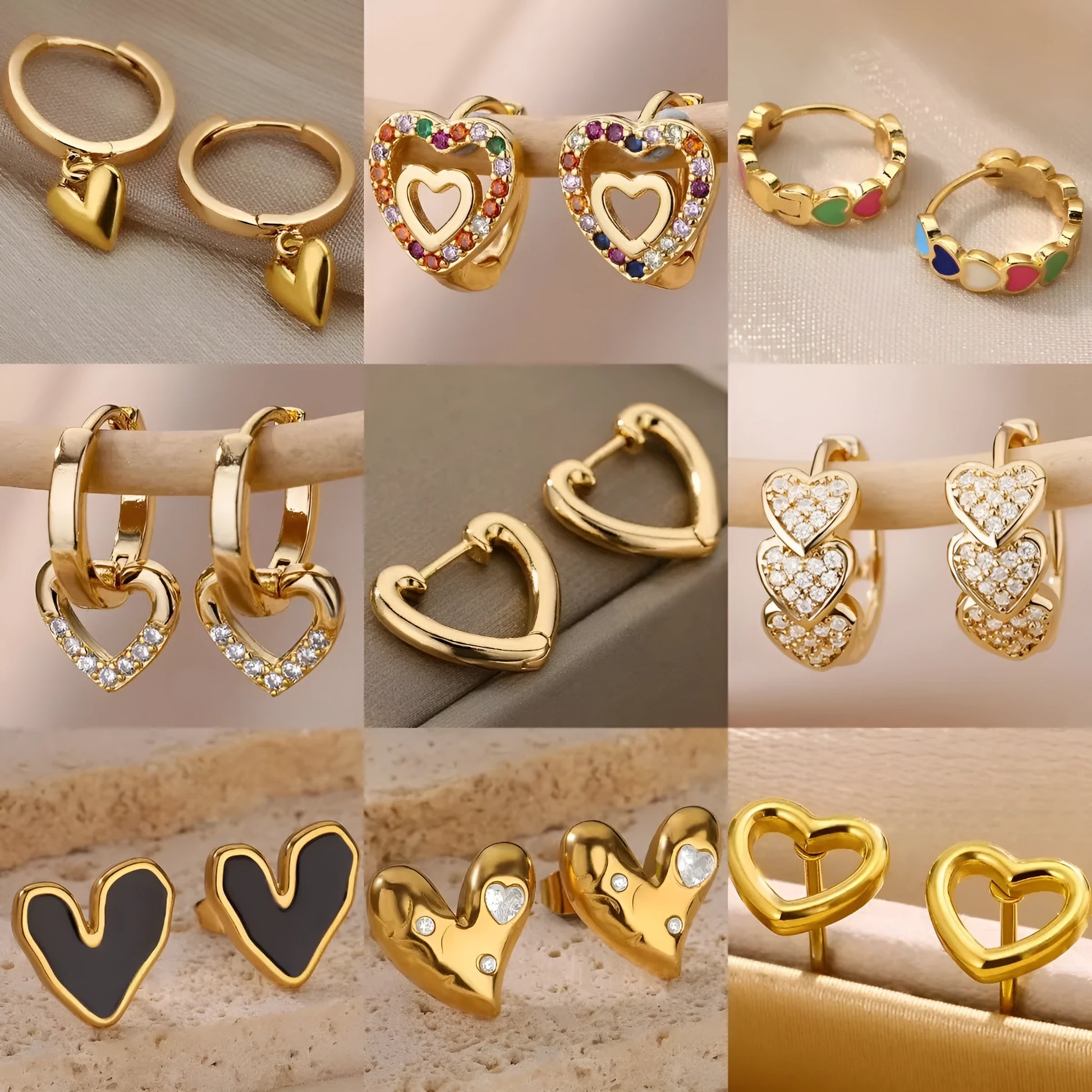 Simple zircon love heart shaped stud earrings for women in titanium steel with 18K finish.