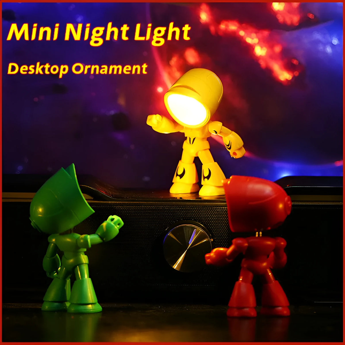 Mini mecha robot hero LED night light with adjustable arms on a desk.