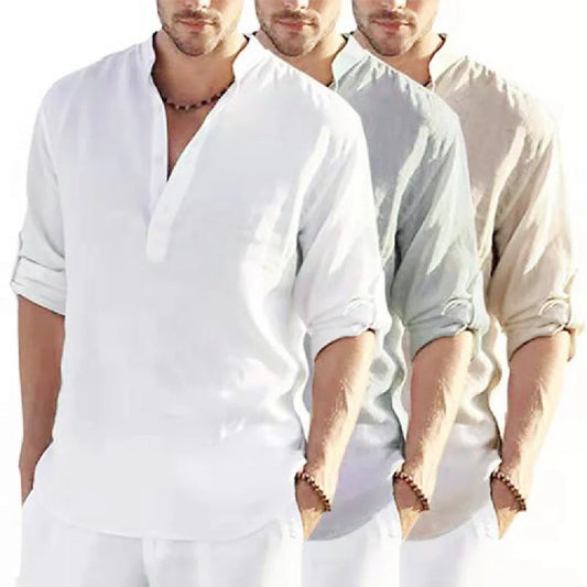 Stylish men's linen shirt with stand collar in various colours and sizes