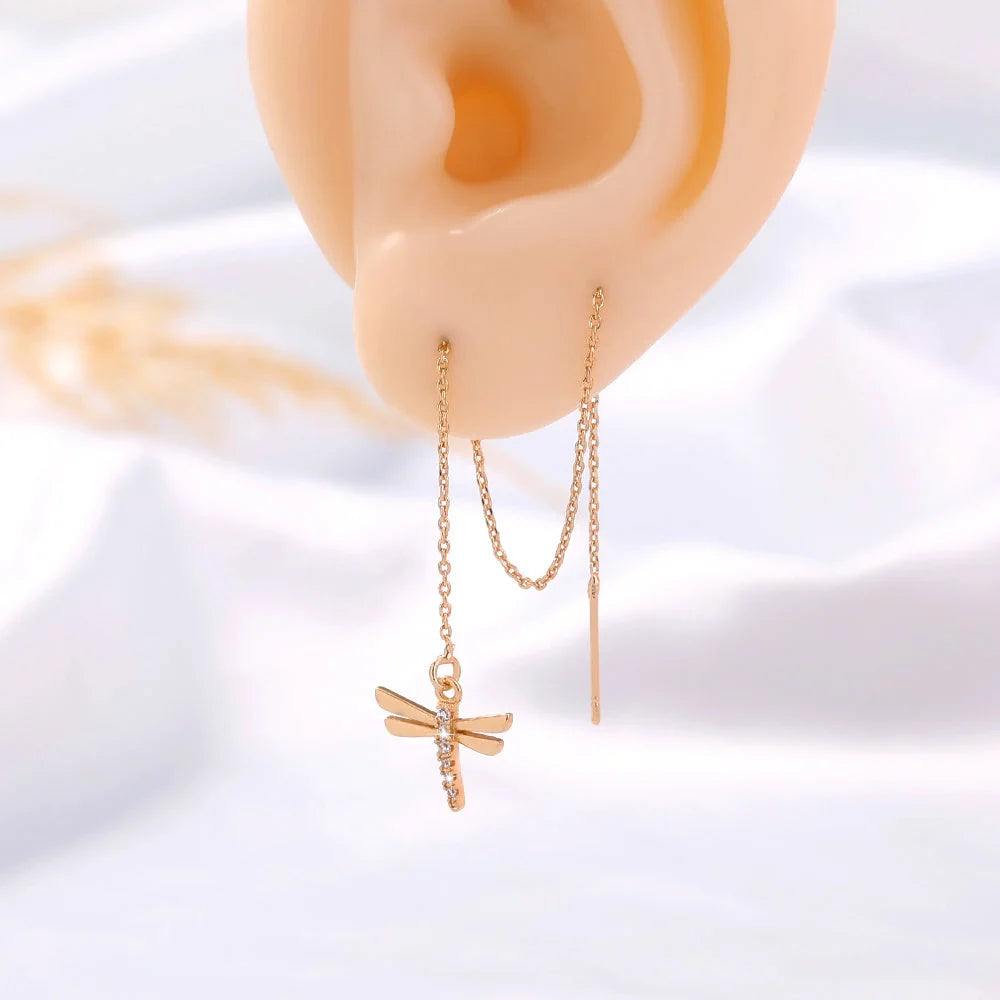 Gold copper dragonfly micro-set zircon long tassel ear wire jewellery