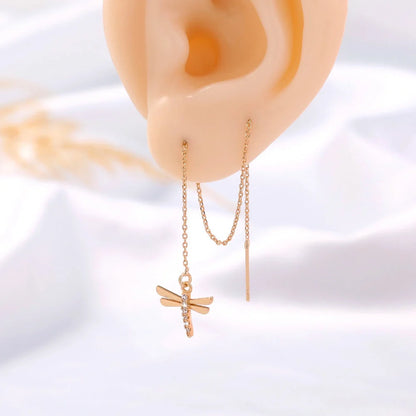 Gold copper dragonfly micro-set zircon long tassel ear wire jewellery