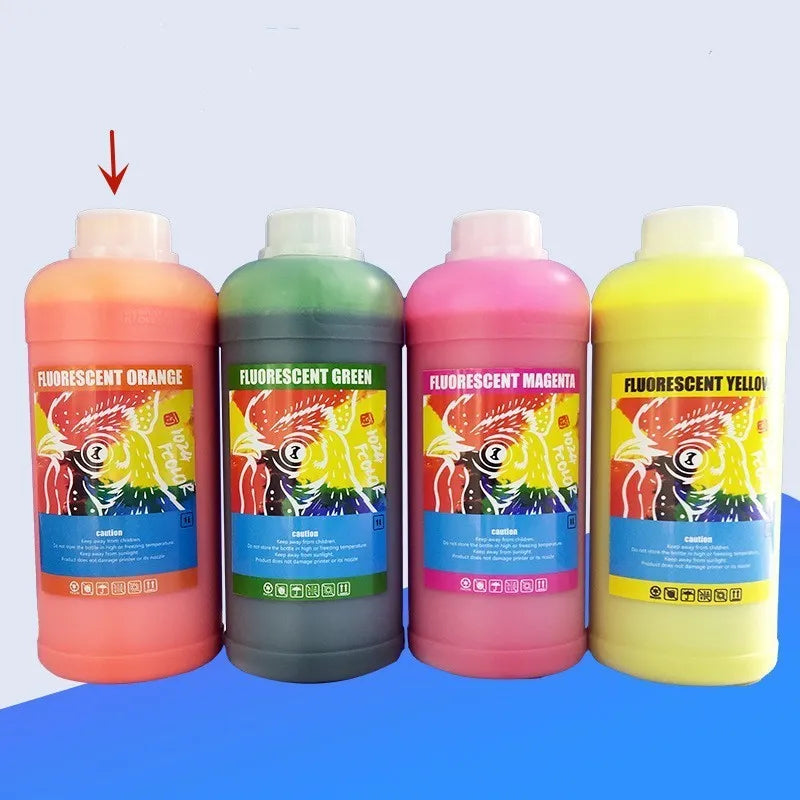 Fluorescent sublimation ink bottles for PET film printing in red, yellow, orange, and green colours