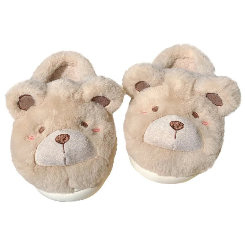 Women's cartoon-patterned suede plush slippers in milky white, shown with a rounded toe.