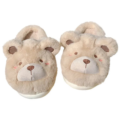 Women's cartoon-patterned suede plush slippers in milky white, shown with a rounded toe.