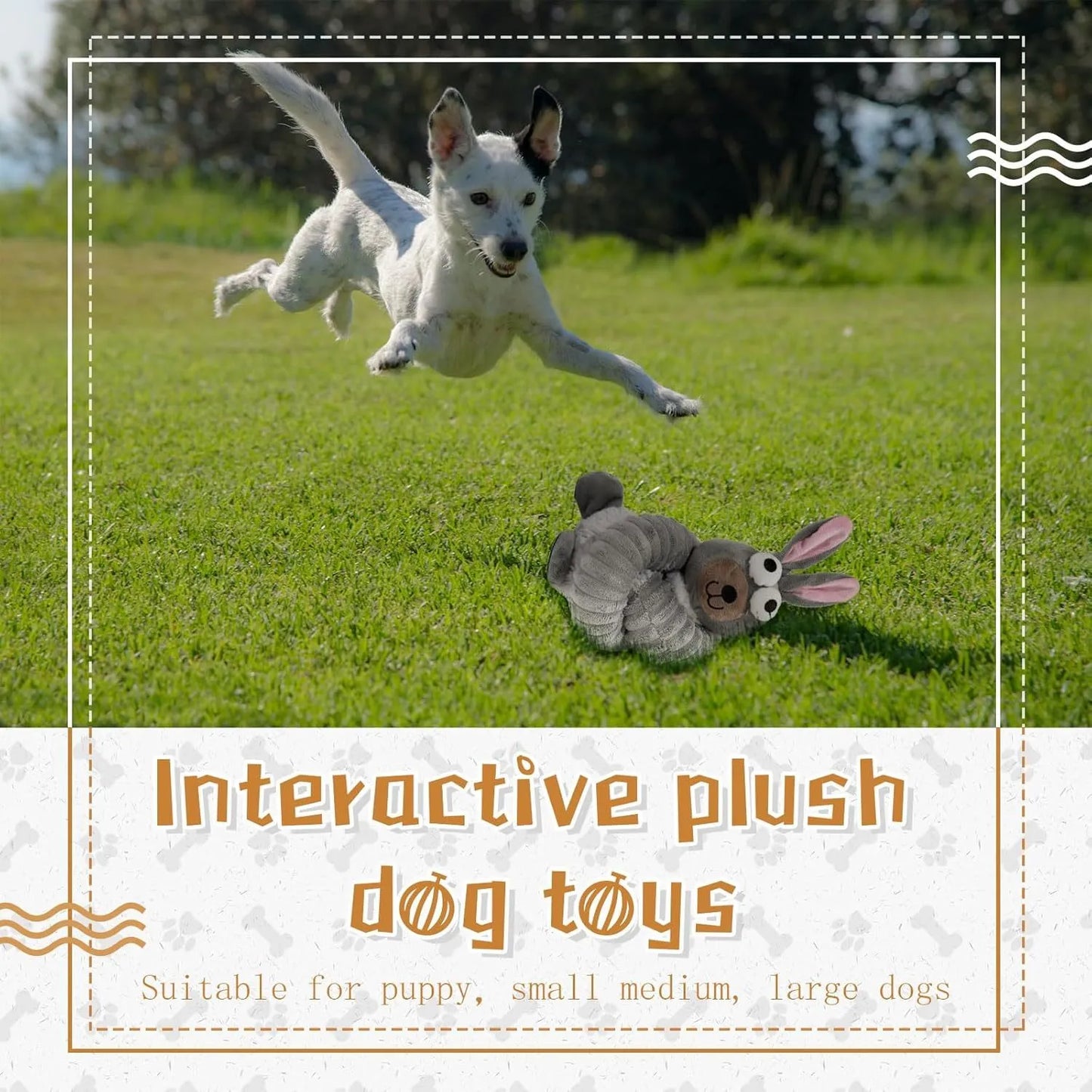 Brown, grey, and yellow plush dog toys with squeaky and crinkle features.