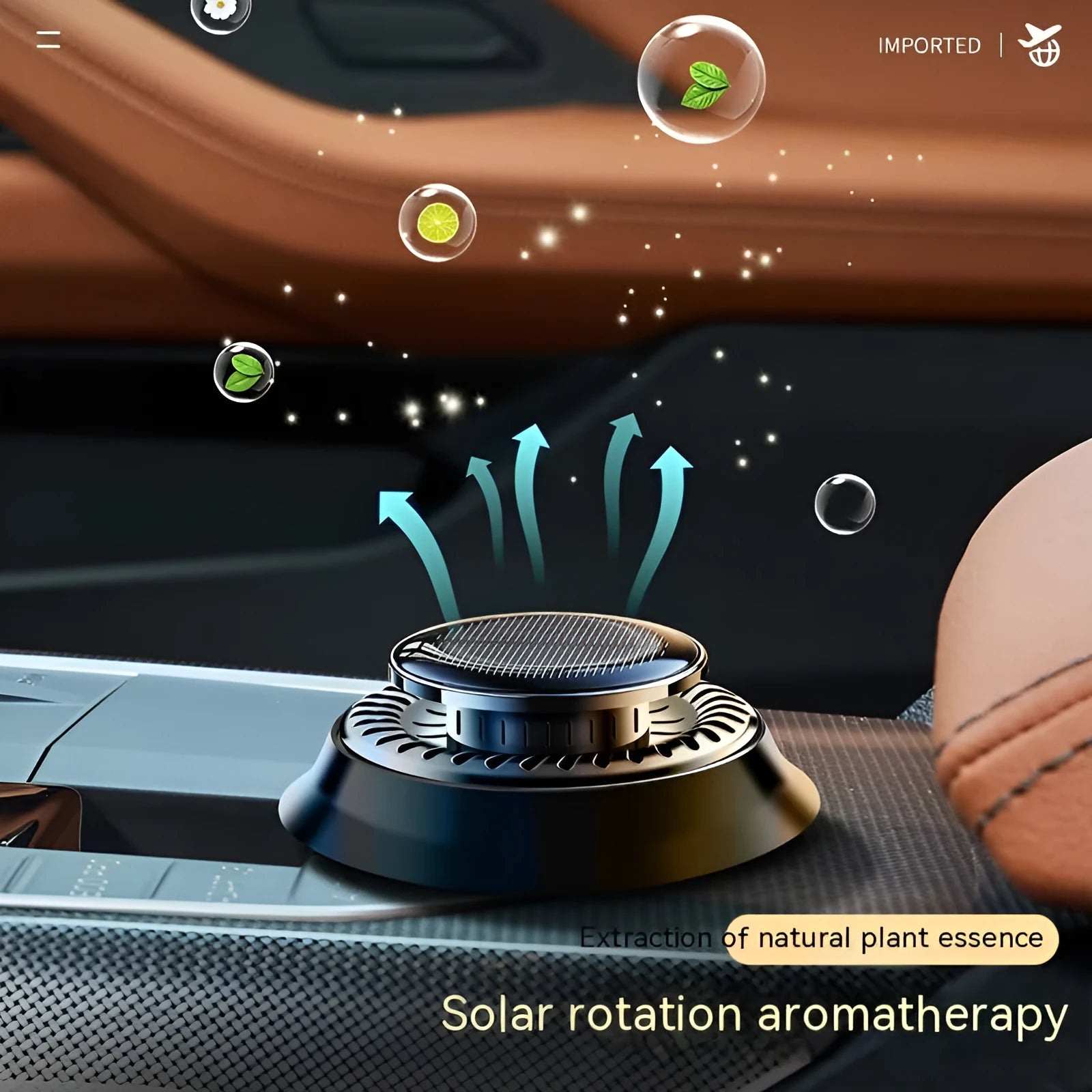 Black solar car aromatherapy de-icing device measuring 84x84x33mm