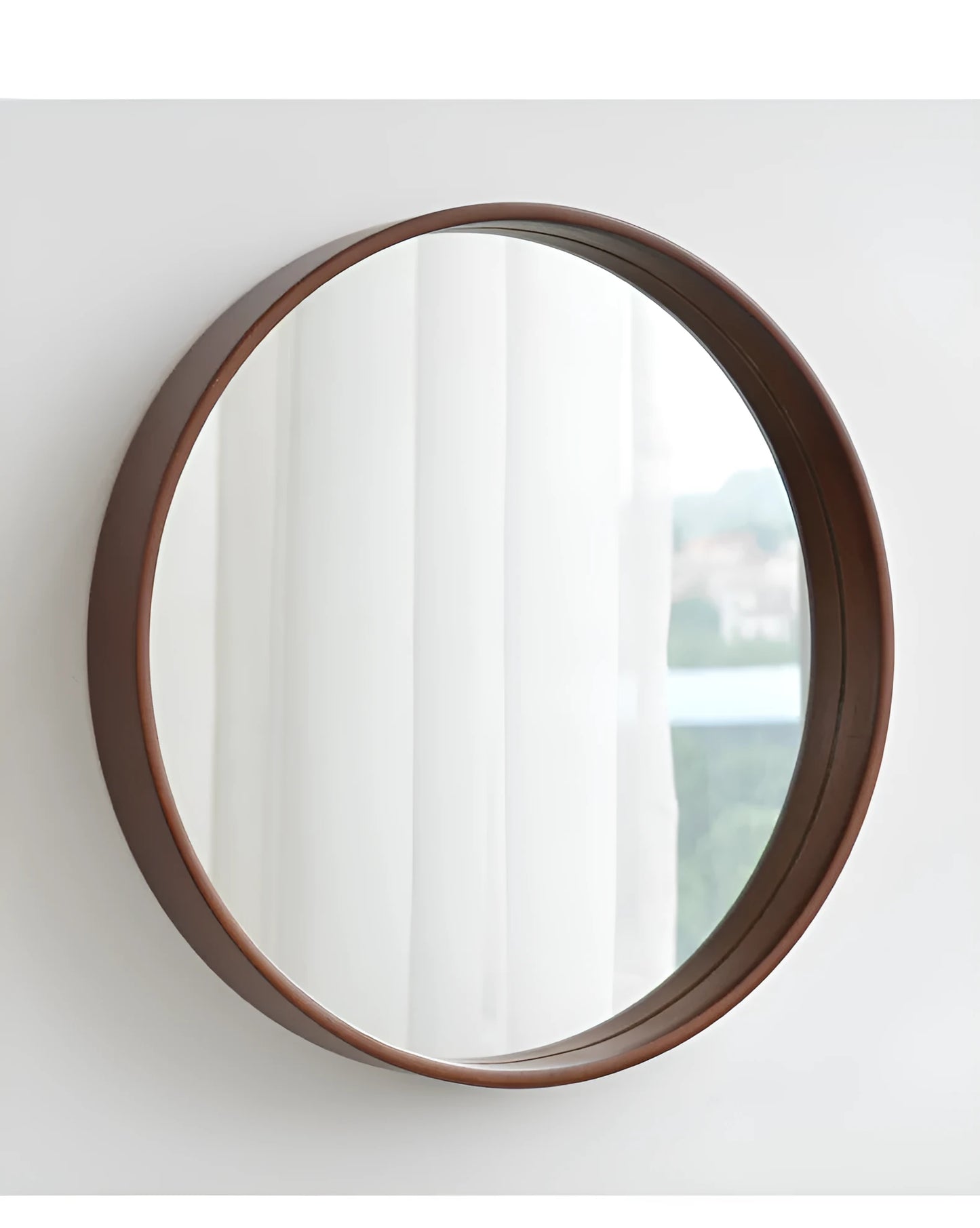 Round solid wood hanging mirror with walnut finish and float silver surface, 30cm diameter