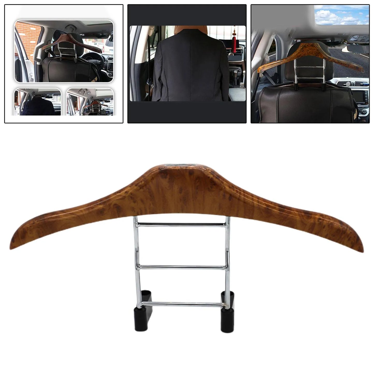 Wood yellow stainless steel car clothes hanger for suits and jackets on a car headrest.