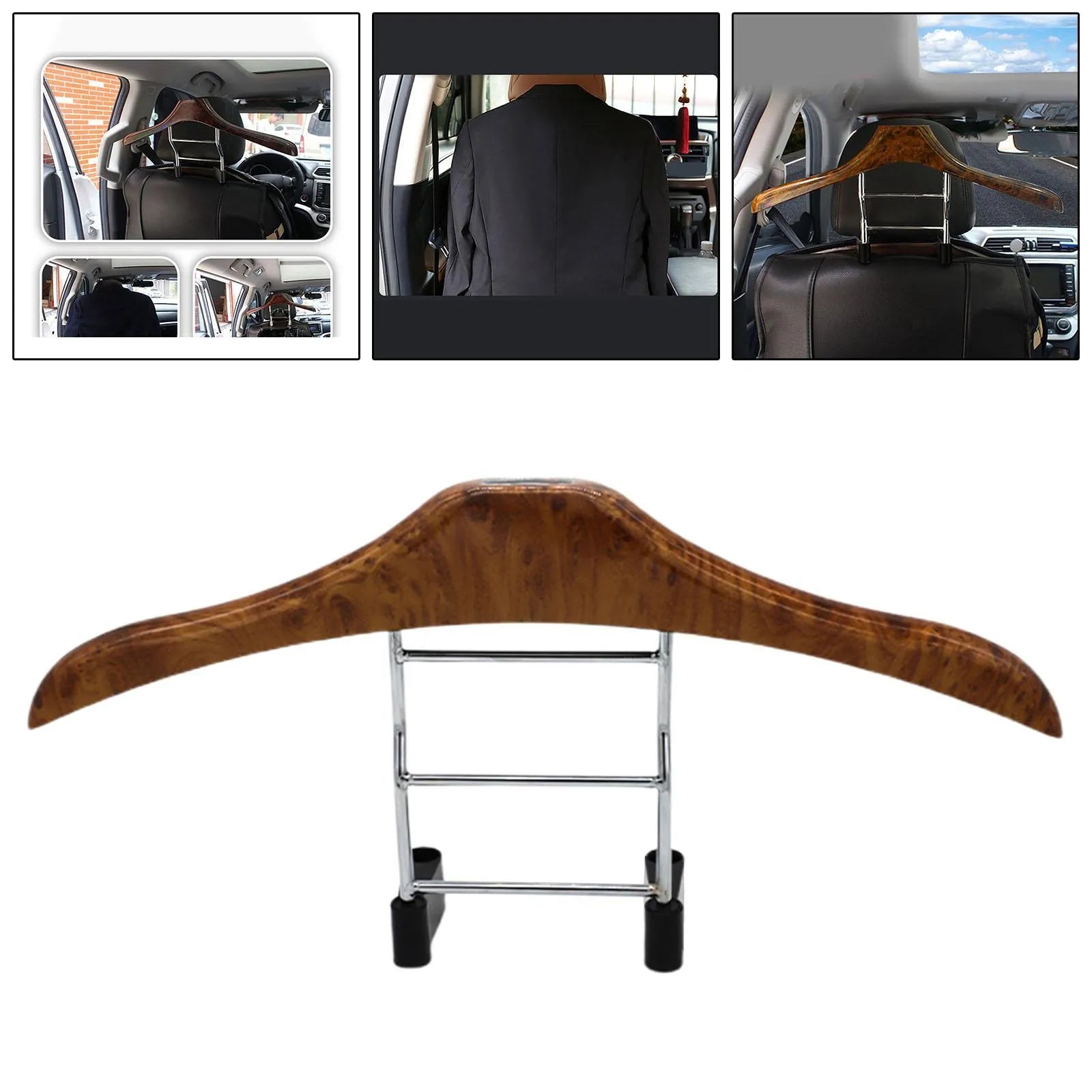 Wood yellow stainless steel car clothes hanger for suits and jackets on a car headrest.