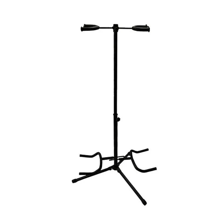 Black vertical double-headed adjustable guitar stand with protective rubber coating