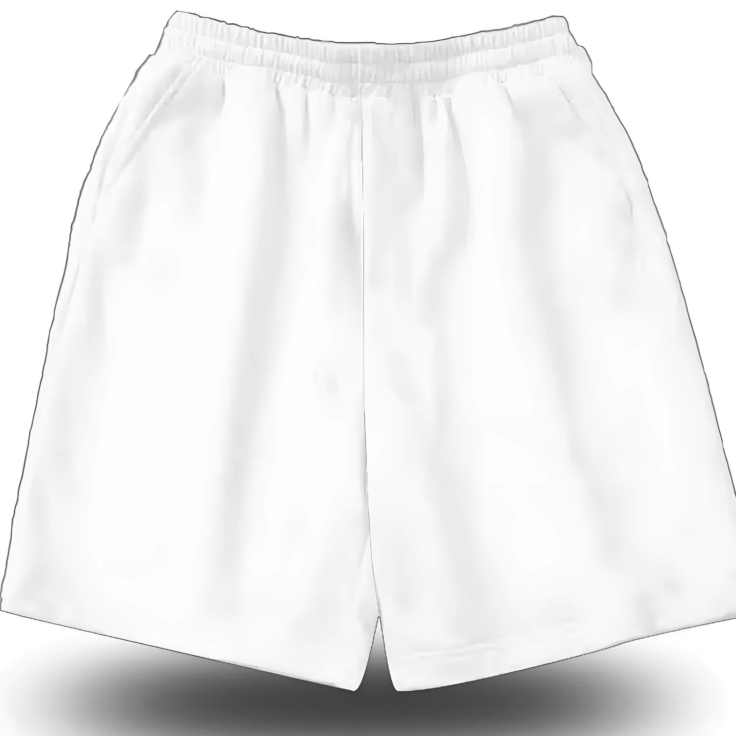 A pair of white casual polyester shorts on a hanger, showing pockets and an adjustable waist.