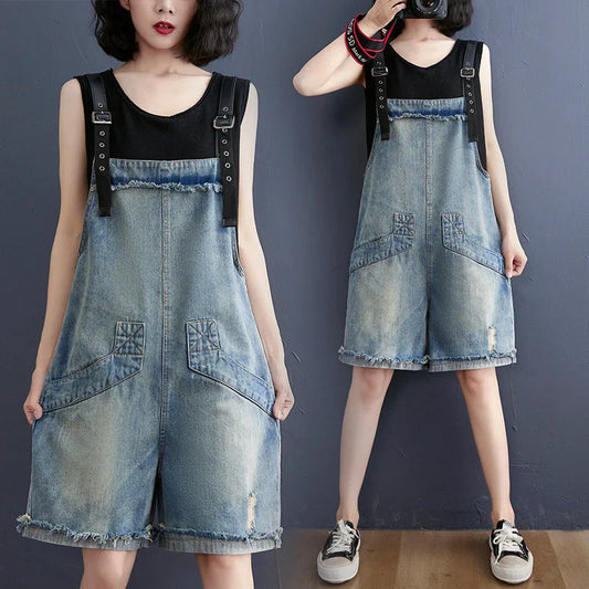 Korean style denim suspenders for women with adjustable straps