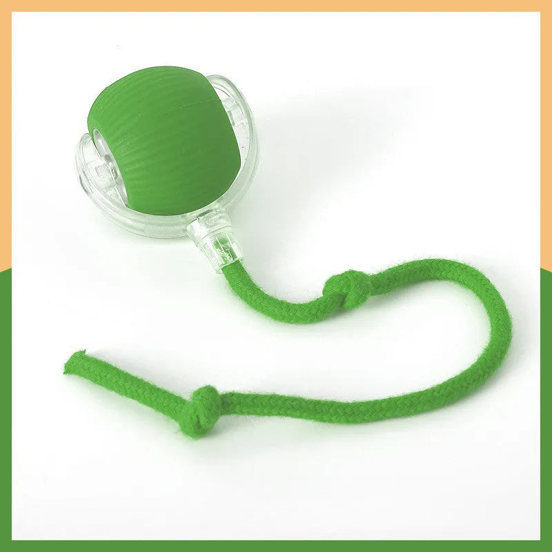 Silicone rolling ball cat toy showing red, green, and grey colour options with self-hi motion mechanism