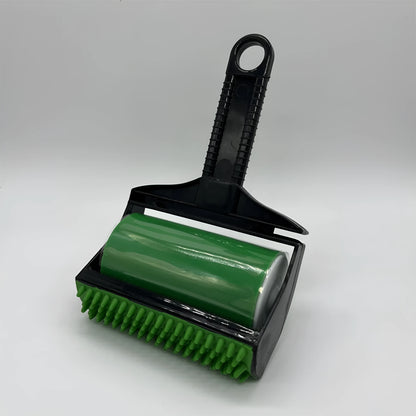 Green and yellow washable adhesive lint rollers for pet hair removal on a fabric background.