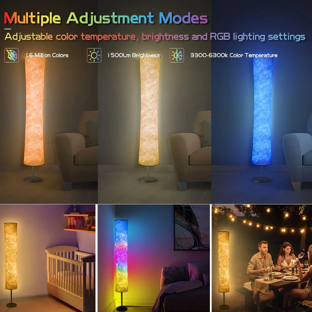 Circular fabric floor lamp with RGB lighting standing 1.66 metres tall with remote control