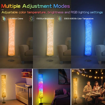 Circular fabric floor lamp with RGB lighting standing 1.66 metres tall with remote control