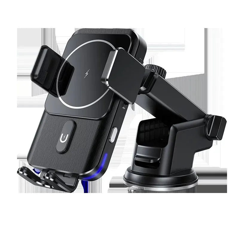 Black 15W wireless car charger phone holder showing clip and suction cup bracket options.